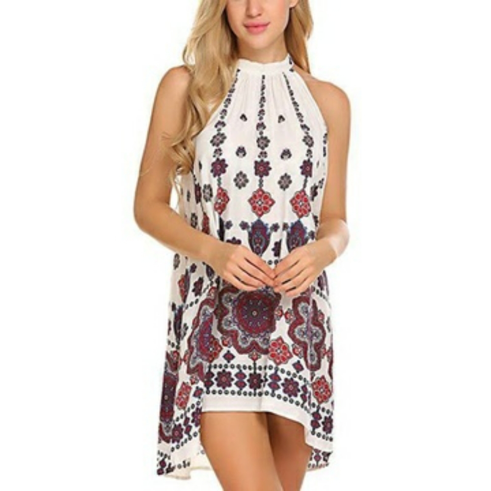 SALE! Boho white Sleeveless halter dress bold print Med